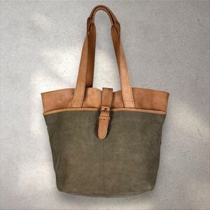 LL Bean Canvas Leather Boat Bucket Travel Shoulder Bag Khaki Green Purse Tote